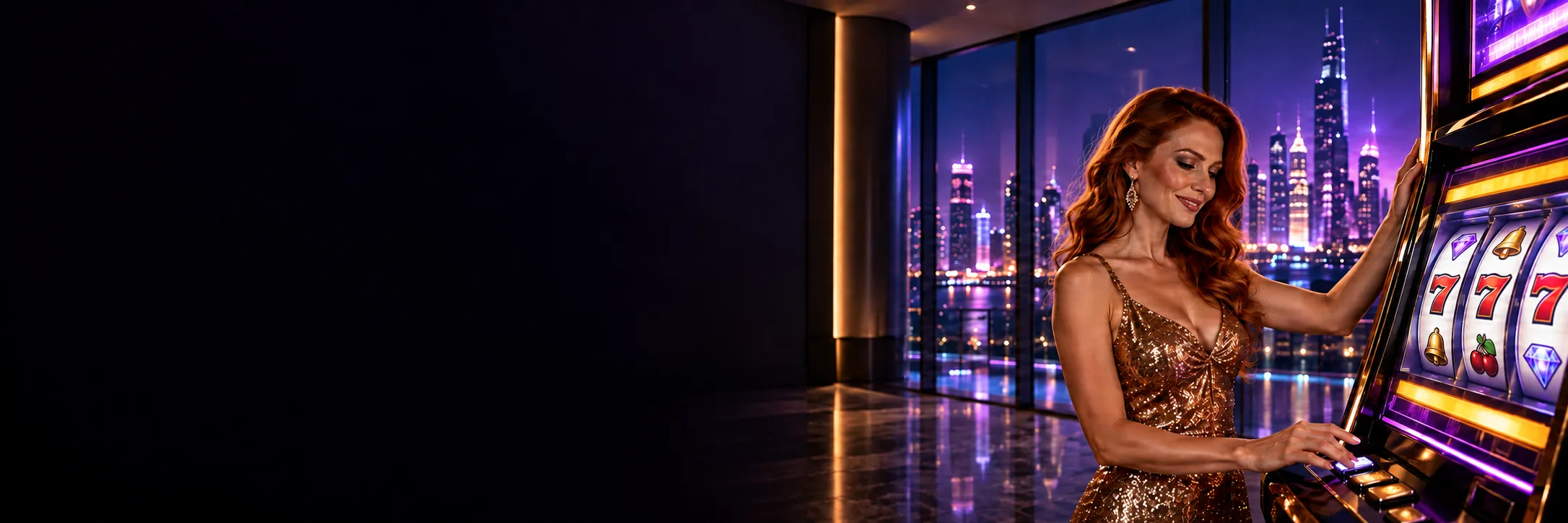 Woman in a gold dress standing beside a glowing slot machine cabinet in a penthouse suite